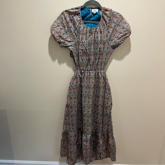 J. Crew Liberty Giorgia Duke Paisley Side Cut Out Puff Sleeve Midi Dress - 6 - Picture 5 of 16